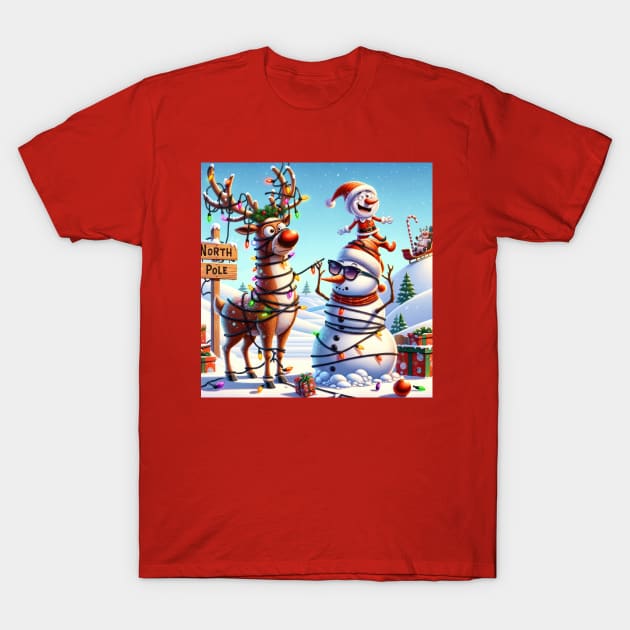 Rudolph, an Elf and a Snowman at the North Pole T-Shirt by TooplesArt